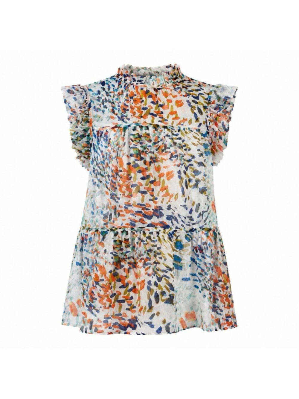 Marie Oliver Silk Floral Metallic Threading Ruffle Top Blouse XS